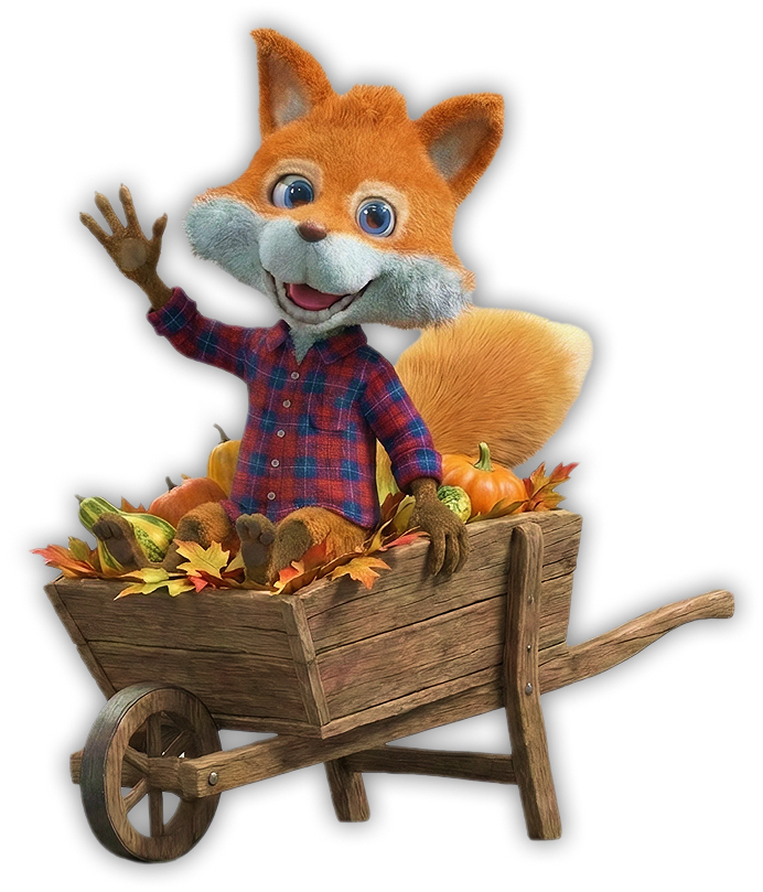 Sonny the Fox waving beside a wheelbarrow of pumpkins and gourds
